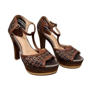 Frye Kara Woven Brown Multi Leather Platform T-Strap Block Heel Sandals 9M Boho